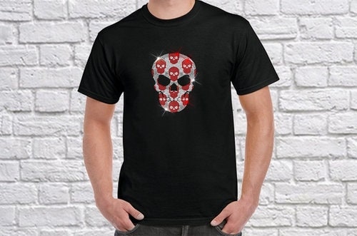 Image of Men's Diamante Skull T Shirt - Tee Shirts Rhinestone Mens Bedazzled Bling Bespoke