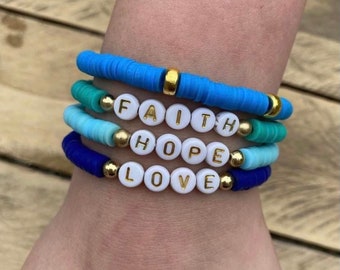 FAITH, HOPE, and LOVE Bracelets, Set of 4 Stack of Stretch Bracelets, Stretchy jewelry, Jewel tone colors, Teal Green, Royal Blue, and Aqua
