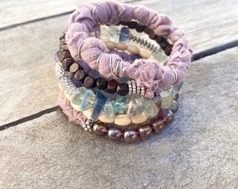 In Bloom Fabric Wrap Bracelet, Purple and Green Quartz stones, silver and wood beads, Boho Bracelet, Memory Wire, Adjustable, One of a kind