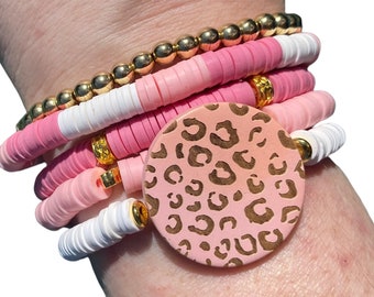Pink Leopard 5 bracelet stretchie stack, adjustable stretch bracelets, Pink, White, Gold and Leopard print