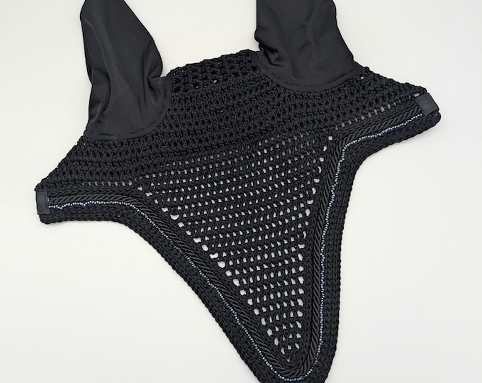 Featured listing image: Black Horse Fly Bonnet with Steel Blue Beading