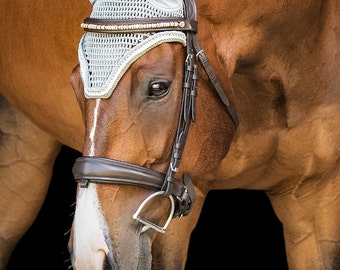 Grey Horse Fly Bonnet with Grey Trim and Rose Gold Rhinestones