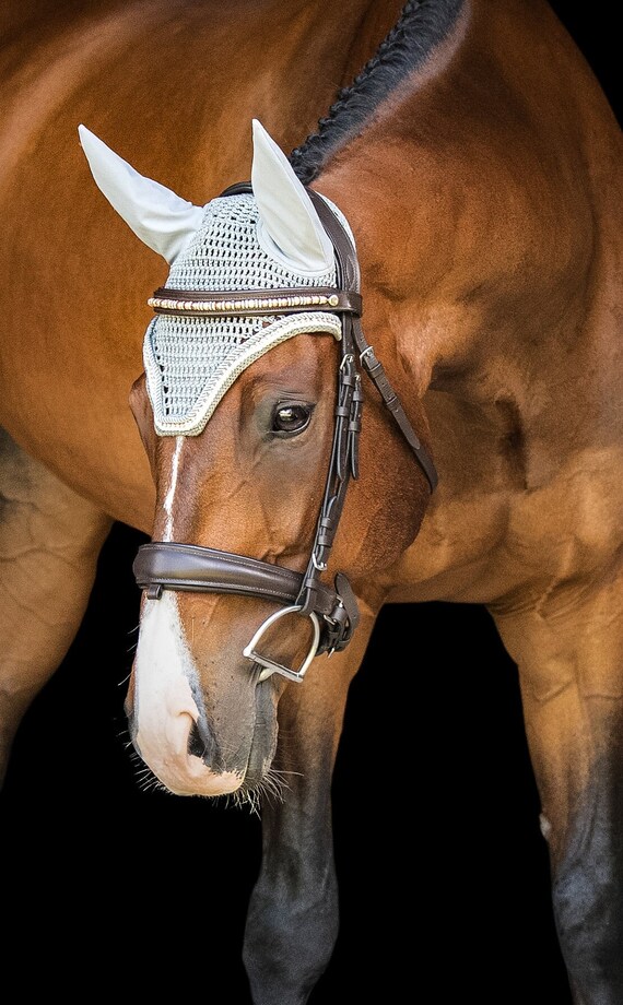 Horse Ear Bonnet - Crochet Fly Veil Silent Ear Net Crochet Bonnet With Neoprene Ear Covers Blue Horse Full Size