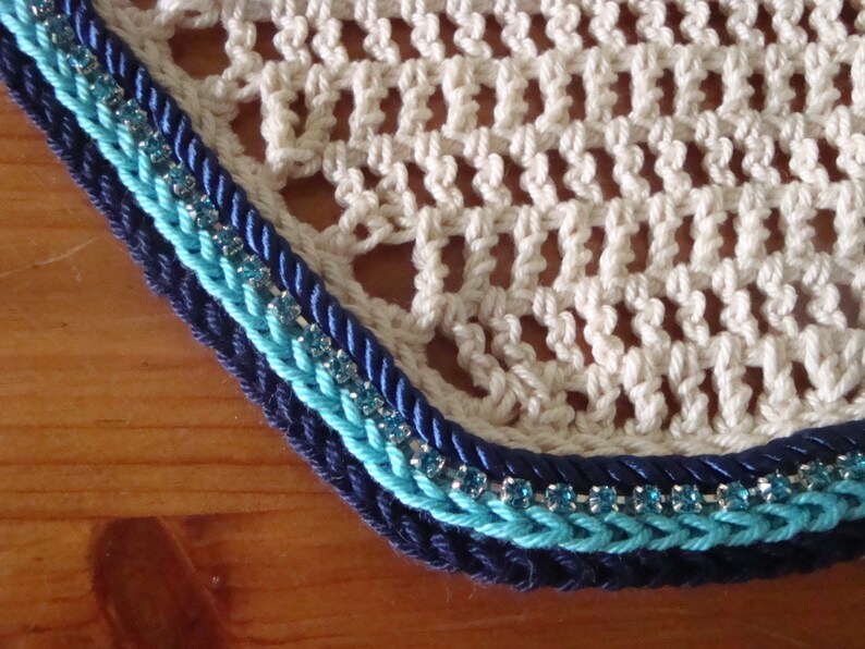 and Navy Warmblood Fly Bonnet Natural White Aqua