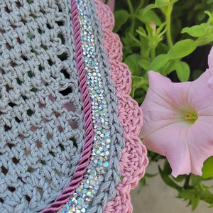 Grey Horse Fly Bonnet: Pink Trim, Rhinestone Ribbon, Cotton Crochet