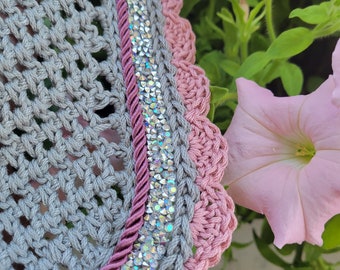 Grey Horse Fly Bonnet / Fly Veil / Horse Ear Bonnet with Pink and Rhinestone Trim