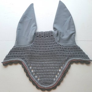 Grey Horse Fly Bonnet / Fly Veil / Horse Ear Bonnet with Pink and Grey Trim