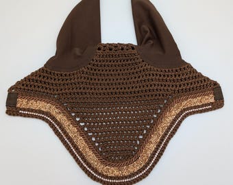 Brown Horse Fly Bonnet with Double Rose Gold Rhinestone Trim