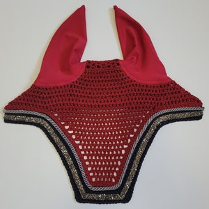 Burgundy Horse Fly Bonnet: Rhinestone Trim, Cotton Ear Veil