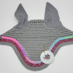 Grey Horse Fly Bonnet / Fly Veil / Horse Ear Bonnet with Rainbow Trim