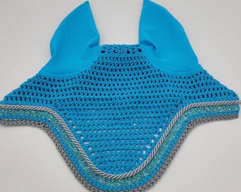 Aqua Blue Horse Fly Bonnet / Fly Veil / Horse Ear Bonnet with Aqua Rhinestone and Grey Trim
