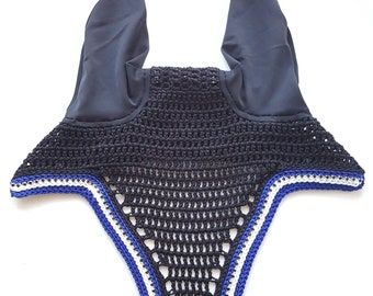 Black Horse Fly Bonnet with Royal Blue and White Trim