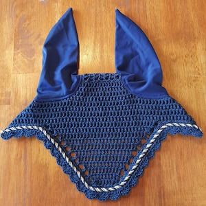 Navy Blue Horse Fly Bonnet / Fly Veil / Horse Ear Bonnet with Gold & White Cord - Custom Horse Tack