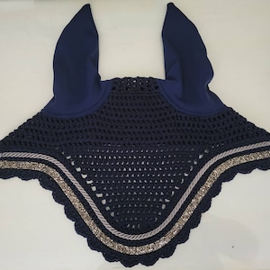 Dark Navy Horse Fly Bonnet / Fly Veil / Horse Ear Bonnet with Charcoal and Gunmetal Rhinestone Trim