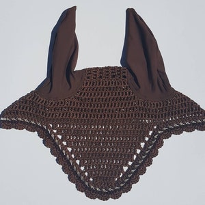 Brown Horse Fly Bonnet / Fly Veil / Horse Ear Bonnet with Gold and Brown Trim