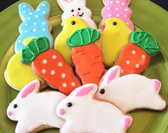 Biscuits cadeaux de Pâques --- Biscuits lapin, poussin et carottes - 12 biscuits de Pâques au sucre décorés --- une douzaine