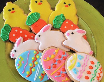 Easter gift cookies--Homemade Easter Cookies,Bunny, Chick, egg and Carrot Cookies - 12 decorated Easter sugar cookies