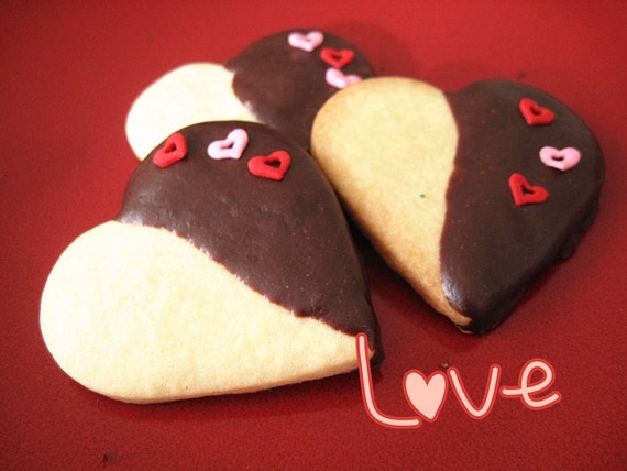 Christmas/New Year/Winter gift cookies--homemade Chocolate half dipped heart shape sugar cookies/shortbread with hearts sprinkles--One dozen