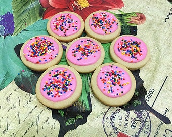 Easter gift cookies-"sprinkled with love" white round sugar cookies  with light pink icing and rainbow colors sprinkles----one dozens