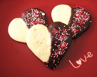 Christmas gift cookies--Homemade Chocolate half dipped heart shape sugar cookies/shortbread with sprinkles--one dozen