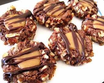 Christmas/New Year gift cookies--Homemade chocolate pecan thumbprint turtle cookies with Caramel Centers-One dozen
