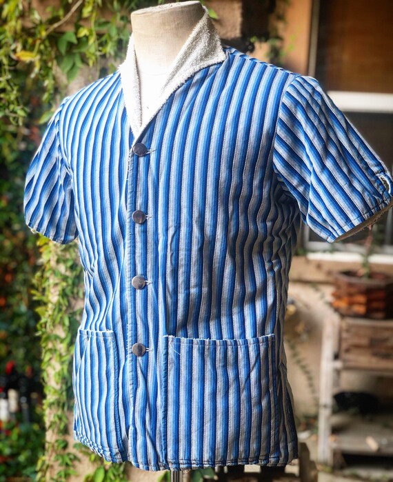 Vintage 1950’s Jantzen Blue Striped Cabana Shirt L