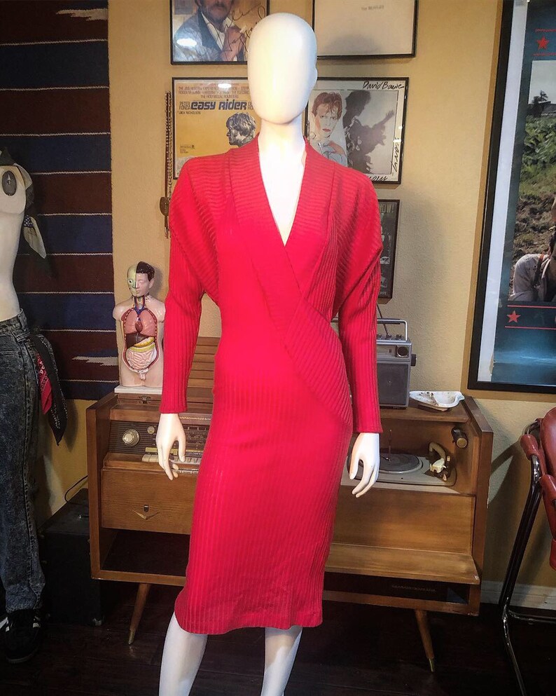 red dress with plunging neckline