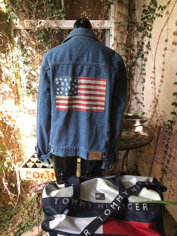 jean jacket with american flag on the back