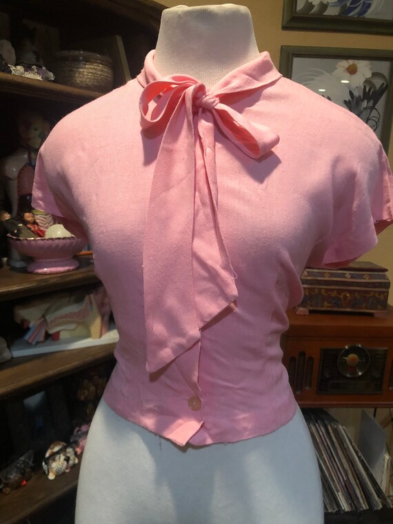 Vintage 1950’s Pink Linen Blouse with Pussy Bow