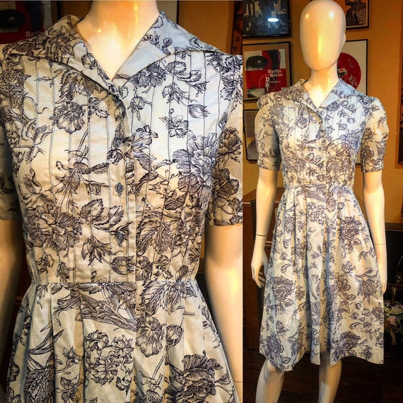 Vintage 1950's Blue Toile Dress