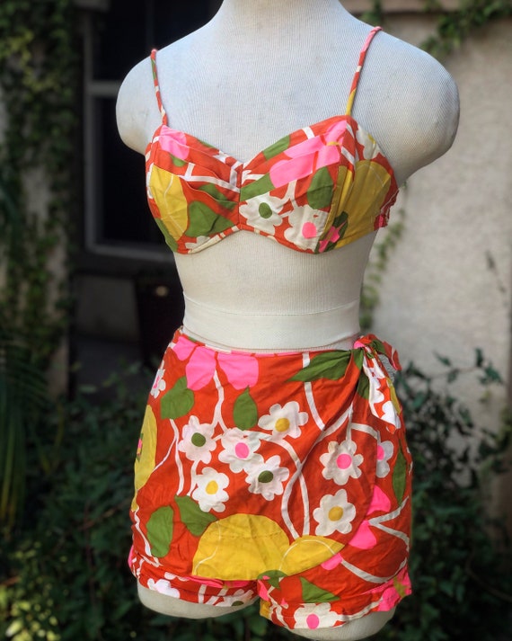 Vintage 1960’s Cotton Floral Two Piece Swimsuit