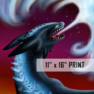 May include: A black and blue dragon with green eyes is breathing out a swirling blue mist against a red and purple background. The dragon has a row of blue, V-shaped markings down its back. The text "11" x 16" PRINT" is at the bottom of the image.
