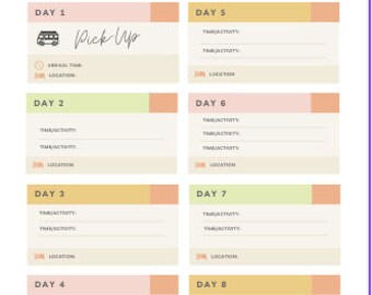 RV Vacation Itinerary Printable | Vacation Planner | Camping Itinerary Planner