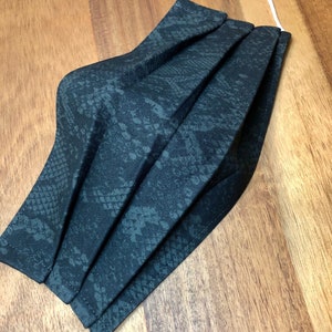 Green Snakeskin Pleated Face Mask | Washable, Reusable, Reversible | Adjustable Nose & Ear Loops | Filter Pocket | Adult + Kid Sizes