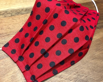 Ladybug Polka Dots Pleated Face Mask | Washable, Reusable, Reversible | Adjustable Nose & Ear Loops | Filter Pocket | Adult + Kid Sizes
