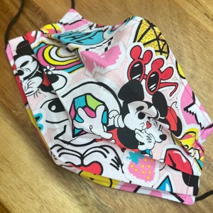 Mickey Mouse Emoji Pleated Face Mask | Washable, Reusable, Reversible | Adjustable Nose & Ear Loops | Filter Pocket | Adult + Kid Sizes