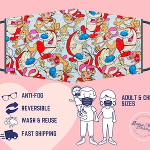 Ren and Stimpy Pleated Face Mask | Washable, Reusable, Reversible | Adjustable Nose & Ear Loops | Filter Pocket | Adult + Kid Sizes