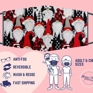 Plaid Christmas Gnome Face Mask | Washable, Reusable, Reversible | Adjustable Nose & Ear Loops | Filter Pocket | Adult + Kid Sizes