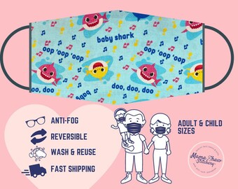 Baby Shark Pleated Face Mask | Washable, Reusable, Reversible | Adjustable Nose & Ear Loops | Filter Pocket | Adult + Kid Sizes