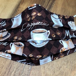 Coffee Crazed Latte Pleated Face Mask | Washable, Reusable, Reversible | Adjustable Nose & Ear Loops | Filter Pocket | Adult + Kid Sizes