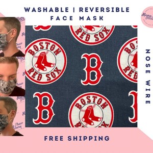 May include: A reversible face mask with a blue background and a red Boston Red Sox logo pattern. The mask has a filter pocket and nose wire.  The text "WASHABLE | REVERSIBLE FACE MASK" and "FREE SHIPPING" is printed on the image.