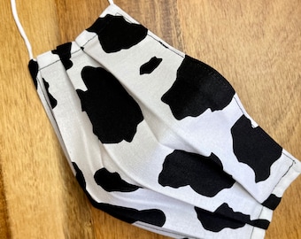 Udderly Moody Cow Print Pleated Face Mask | Washable, Reusable, Reversible | Adjustable Nose & Ear Loops | Filter Pocket | Adult + Kid Sizes