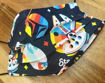 Retro Star Wars Pleated Face Mask | Washable, Reusable, Reversible | Adjustable Nose & Ear Loops | Filter Pocket | Adult + Kid Sizes