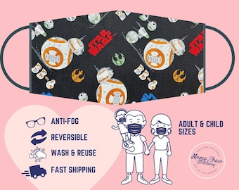 Star Wars BB-8 and D-O Pleated Face Mask | Washable, Reusable, Reversible | Adjustable Nose & Ear Loops | Filter Pocket | Adult + Kid Sizes