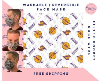 Los Angeles Lakers MBA Basketball Face Mask | Washable, Reusable | Adjustable Nose & Ear Loops | Filter Pocket | Adult + Kid Sizes