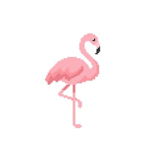 May include: Pixelated illustration of a pink flamingo standing on one leg against a white background. The flamingo has a curved neck, black beak, and is rendered in a blocky, retro style. The image is simple and graphic.