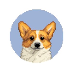 May include: Pixelated illustration of a Corgi dog's face, set against a light blue circular background. The dog has a white and tan coat, with black eyes and nose. The artwork is in a retro, 8-bit style.