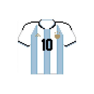 May include: Pixelated Argentina soccer jersey in white and light blue stripes, featuring the number 10 in black. The jersey has a gold emblem and a gold logo on the chest.