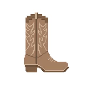 May include: Pixelated illustration of a tan cowboy boot. The boot features a decorative stitched design on the shaft and a classic pointed toe. The heel is a darker shade of brown.