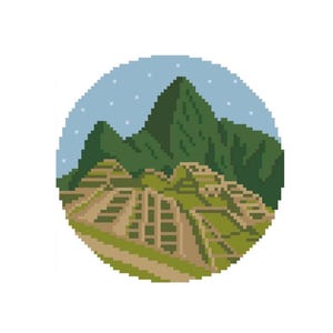 May include: Pixel art illustration of a green mountain range with a stone structure in the foreground. The sky is blue with white stars.